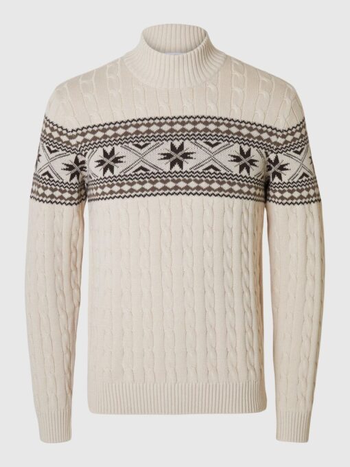Selected Homme Flake Knit Cable High Neck Bone White