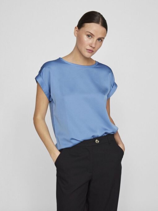 Vila Ellette Satin Top Blissful Blue