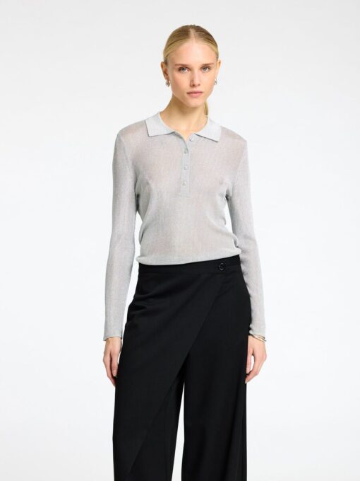 Selected Femme Dagni Knit Polo Neck Shirt Silver