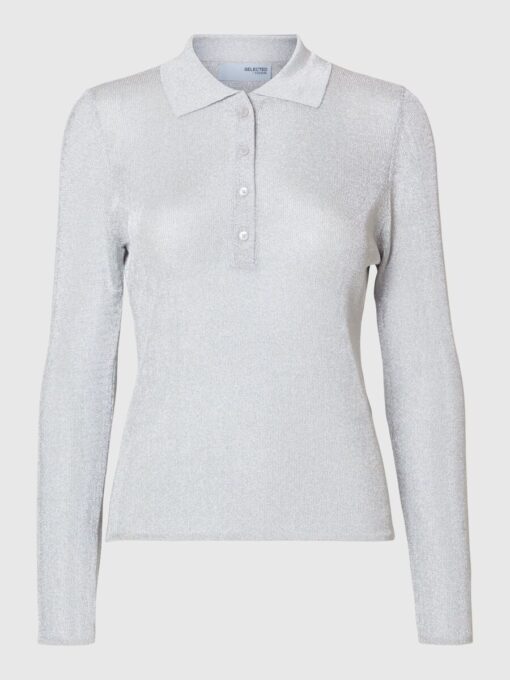 Selected Femme Dagni Knit Polo Neck Shirt Silver