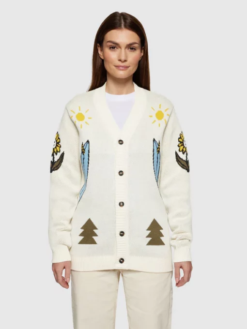 Knowledge Cotton Apparel Jacquard Trees Yes Please Cardigan Egret