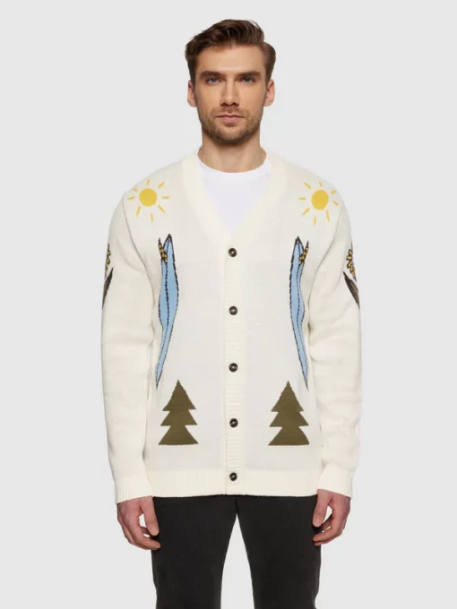 Knowledge Cotton Apparel Jacquard Trees Yes Please Cardigan Egret