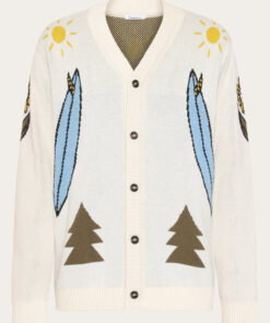 Knowledge Cotton Apparel Jacquard Trees Yes Please Cardigan Egret