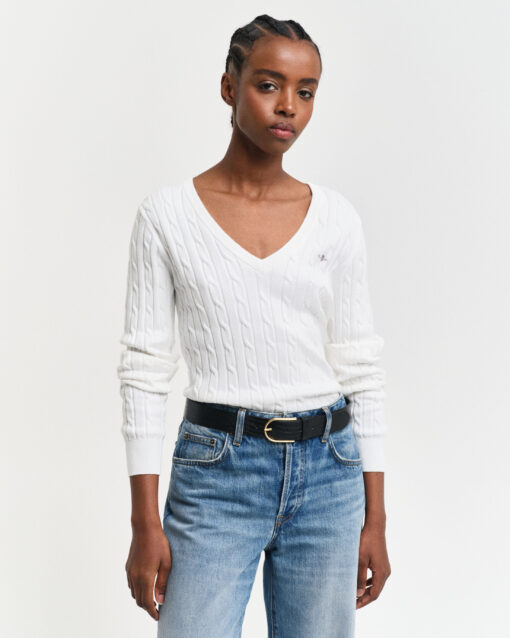 Gant Woman Stretch Cotton Cable V-Neck Eggshell