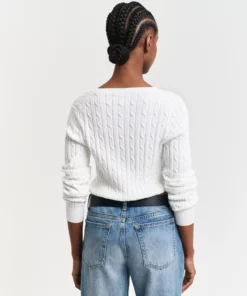 Gant Woman Stretch Cotton Cable V-Neck Eggshell
