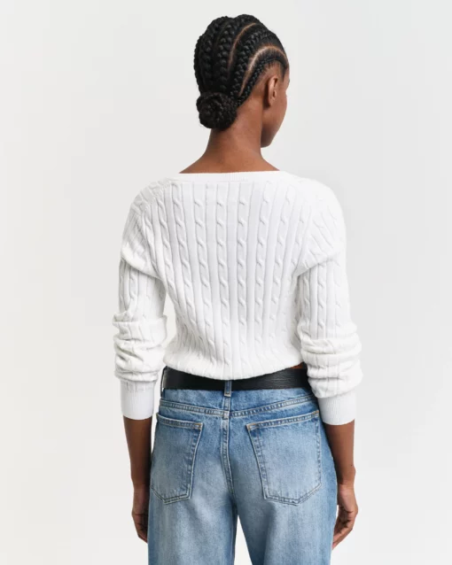 Gant Woman Stretch Cotton Cable V-Neck Eggshell