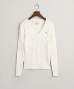 Gant Woman Stretch Cotton Cable V-Neck Eggshell