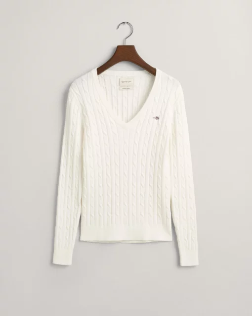 Gant Woman Stretch Cotton Cable V-Neck Eggshell