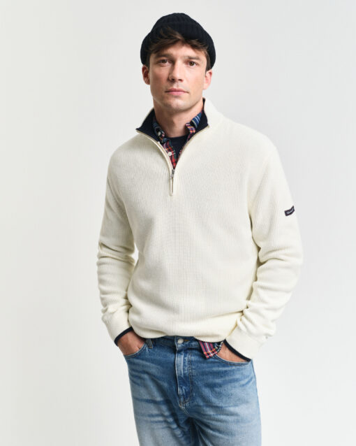 Gant Ribbed Cotton Halfzip Knit Cream