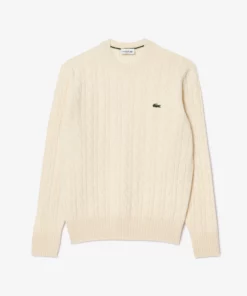 Lacoste Cable Knit Carded Wool Crew Neck Sweater Ecru White