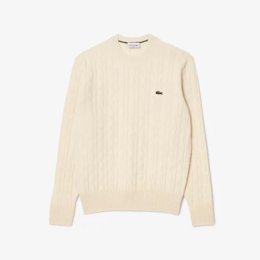 Lacoste Cable Knit Carded Wool Crew Neck Sweater Ecru White