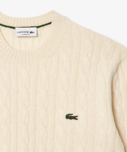 Lacoste Cable Knit Carded Wool Crew Neck Sweater Ecru White