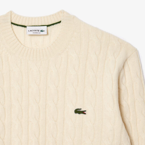 Lacoste Cable Knit Carded Wool Crew Neck Sweater Ecru White