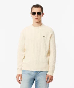Lacoste Cable Knit Carded Wool Crew Neck Sweater Ecru White