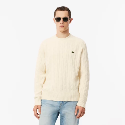 Lacoste Cable Knit Carded Wool Crew Neck Sweater Ecru White