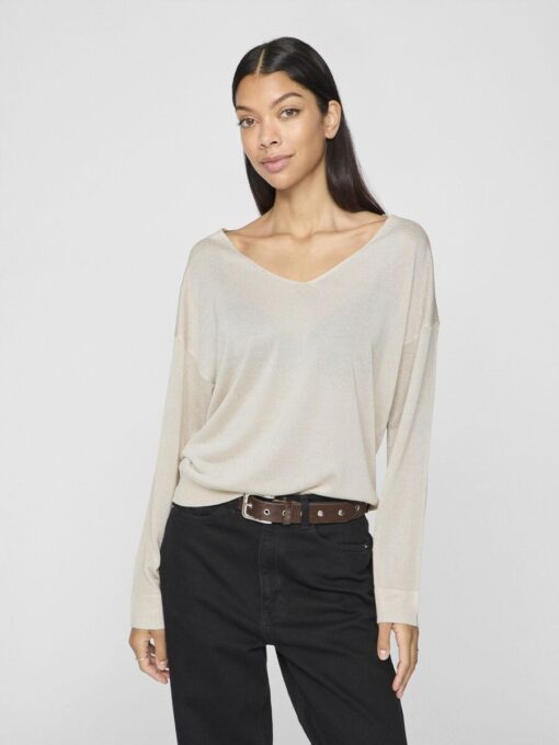Vila Novy V-Neck Knit Top Super Light Natural Melange