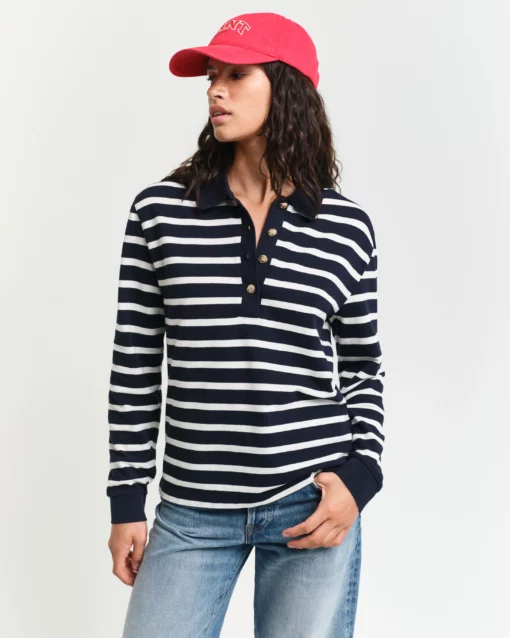 Gant Woman Breton Stripe Ls Pique Polo Evening Blue