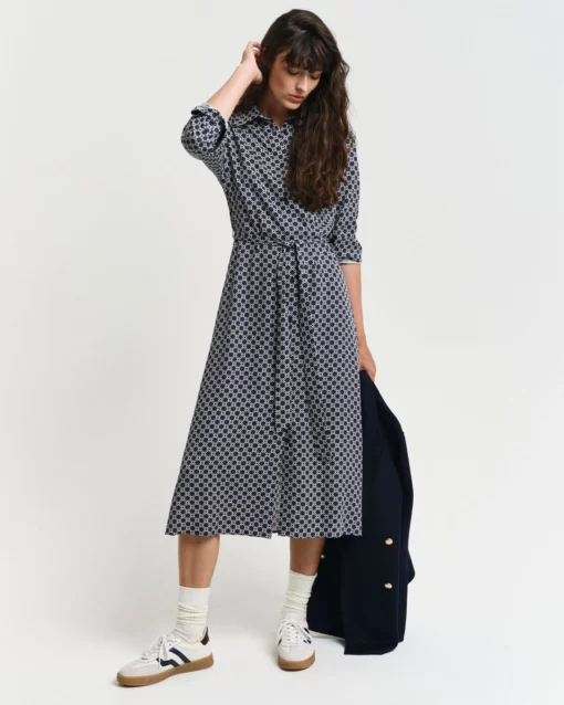 Gant Woman Slim Geometric Printed Shirt Dress Evening Blue