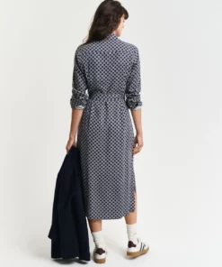 Gant Woman Slim Geometric Printed Shirt Dress Evening Blue