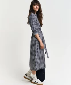 Gant Woman Slim Geometric Printed Shirt Dress Evening Blue
