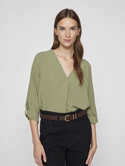 Vila Josa Turn-up V-neck Top Oil Green
