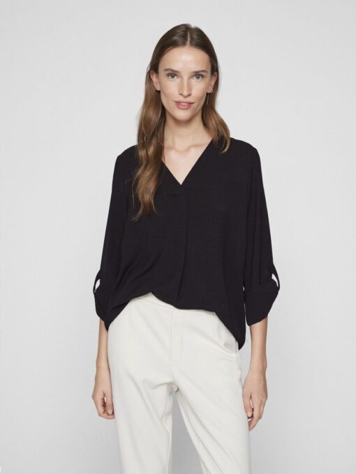 Vila Josa Turn-up V-neck Top Black Beauty