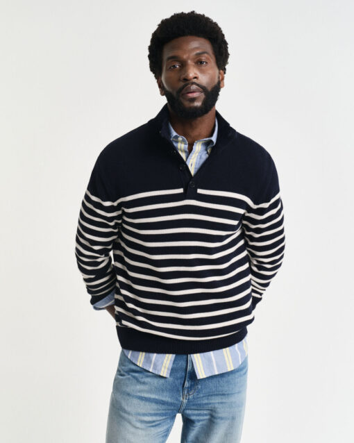 Gant Striped Cotton Half Buttoned Neck Evening Blue