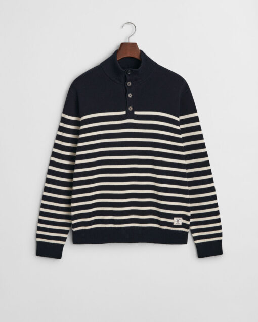 Gant Striped Cotton Half Buttoned Neck Evening Blue