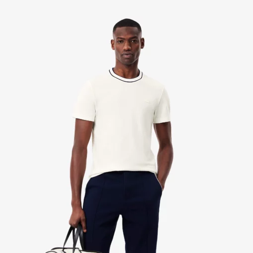 Lacoste Stretch Piqué Stripe Collar T-shirt White