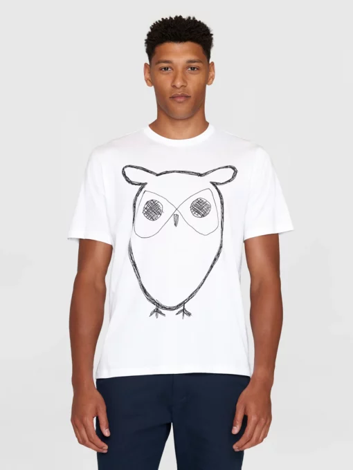 Knowledge Cotton Apparel Big Owl Front Print T-shirt Bright White