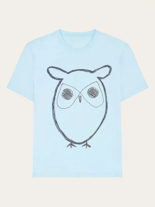 Knowledge Cotton Apparel Big Owl Front Print T-shirt Aqua-Esque