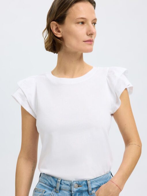 Selected Femme Camila Ruffle Tee Bright White