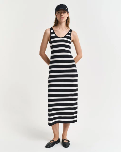 Gant Woman Striped Tank Top Jersey Midi Dress Black