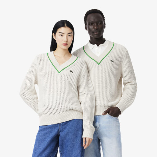 Lacoste Unisex Fit V-Neck Striped Tennis Sweater White / Green / Yellow