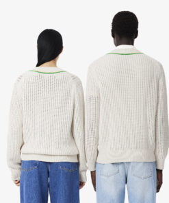 Lacoste Unisex Fit V-Neck Striped Tennis Sweater White / Green / Yellow