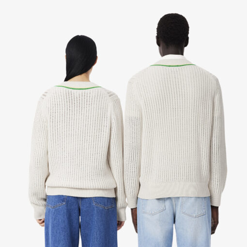 Lacoste Unisex Fit V-Neck Striped Tennis Sweater White / Green / Yellow