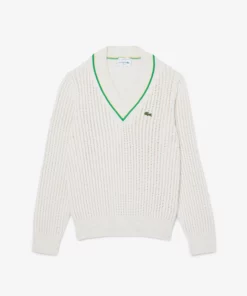 Lacoste Unisex Fit V-Neck Striped Tennis Sweater White / Green / Yellow