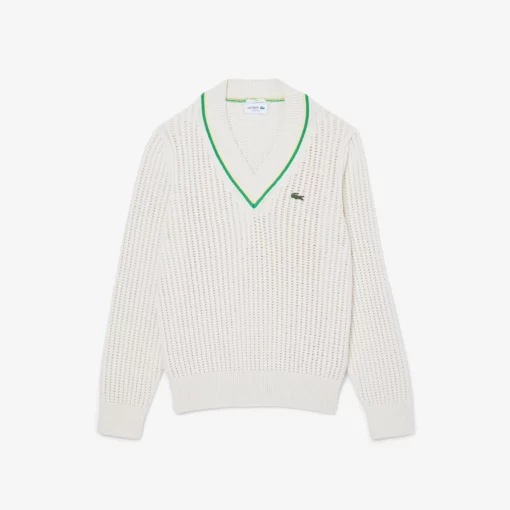 Lacoste Unisex Fit V-Neck Striped Tennis Sweater White / Green / Yellow
