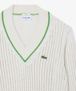 Lacoste Unisex Fit V-Neck Striped Tennis Sweater White / Green / Yellow