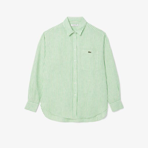Lacoste Oversized Striped Linen Shirt White/Green