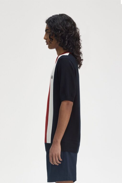 Fred Perry Vertical Stripe Knitted T-Shirt Navy/Burnt Red/ Ecru