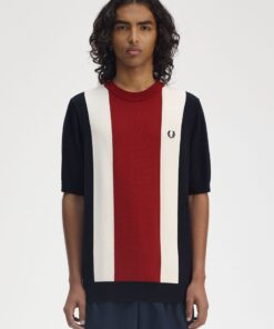Fred Perry Vertical Stripe Knitted T-Shirt Navy/Burnt Red/ Ecru