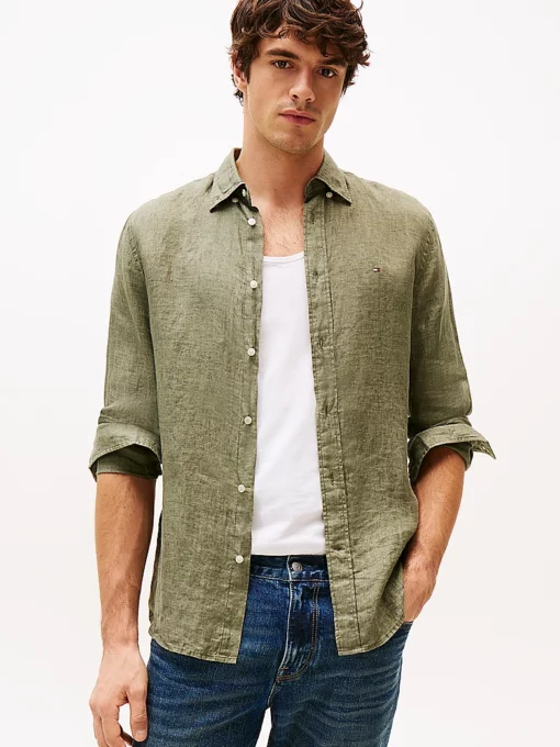 Tommy Hilfiger Pigment Dyed Solid Linen Shirt Battle Green