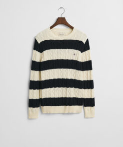 Gant Striped Cotton Cable C-Neck Evening Blue