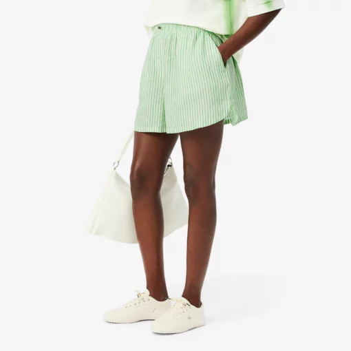 Lacoste Loose Striped Linen Shorts White/Green