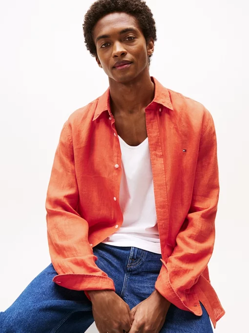 Tommy Hilfiger Regular Fit Pure Linen Shirt Brilliant Orange