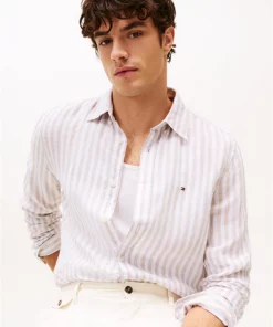 Tommy Hilfiger Regular Fit Stripe Linen Shirt Sandalwood / Optic White