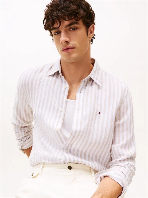Tommy Hilfiger Regular Fit Stripe Linen Shirt Sandalwood / Optic White