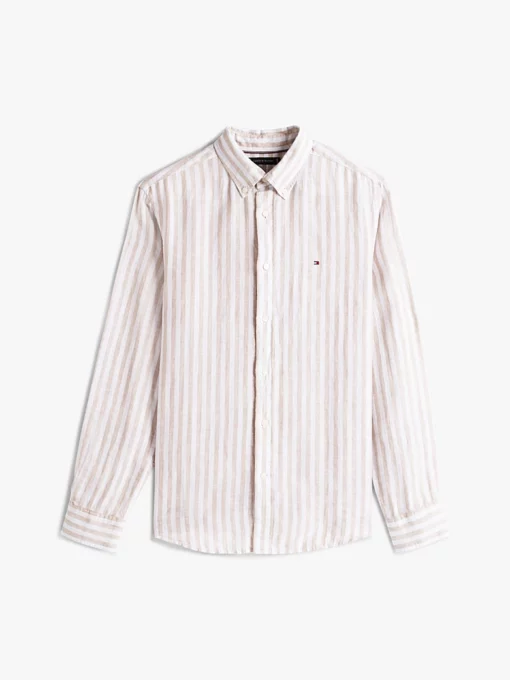 Tommy Hilfiger Regular Fit Stripe Linen Shirt Sandalwood / Optic White
