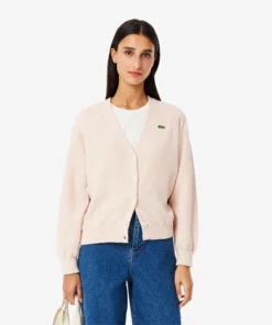 Lacoste V Neck Cotton Cardigan Angora Pink